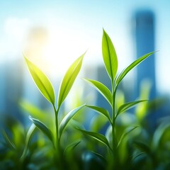 Fototapeta premium Green Sprouts Growing Against City Skyline