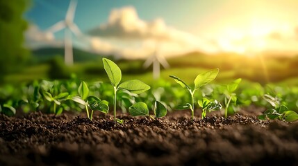 Green Sprouts Growing in Soil with Windmills in Background