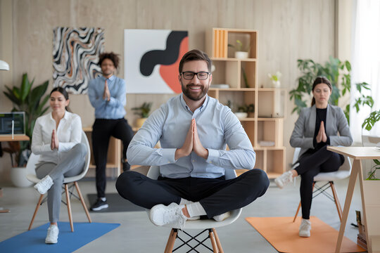 Business professionals meditating in a work space setting. Mindfulness February
