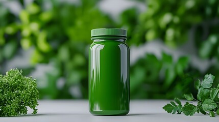 Green Supplement Bottle with Fresh Herbs