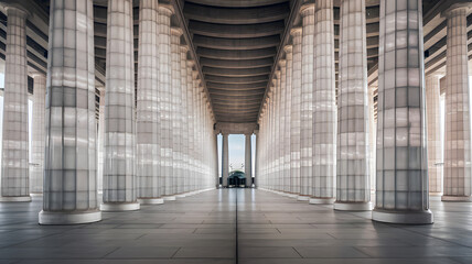 A vast, open hall with tall, symmetrical columns made of translucent stone.