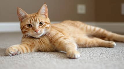Orange tabby lying on the floor with stretched legs