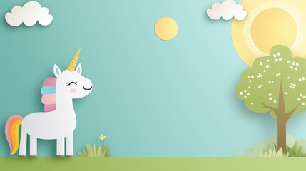 Obraz premium Cute and Cartoon Unicorn Child friendly illustration of a unicorn with bright rainbow mane, smiling in a cheerful, playful fantasy world.