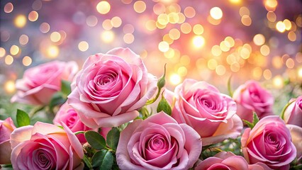Obraz premium Stunning Pink Roses Background with Bokeh Effect for Floral Designs, Romantic Themes, and Nature Photography, Perfect for Weddings, Cards, and Home Decor