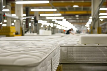 White mattresses in warehouse. Industrial background