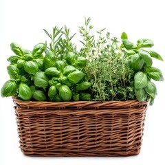 Naklejka premium Fresh Basil, Rosemary, and Thyme in Rustic Basket, Generative AI.