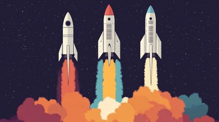 Fototapeta premium Rocket Launch Illustration eye-catching theme flat design showcasing company evolution dynamic colors vertical ascent symbolizing innovation and exploratory mindset