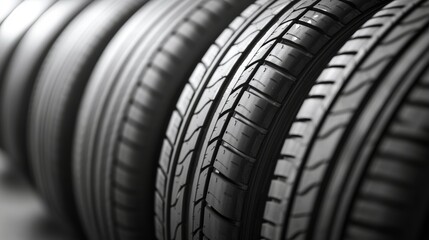 Row of shiny car tires close up