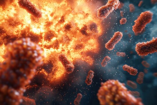 Explosive microscopic action bacteria under attack laboratory setting digital art dark atmosphere scientific concept