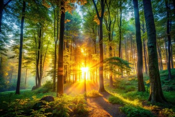 Obraz premium Golden hour sunbeams pierce a tranquil woodland, double exposed for a dreamy sunset scene.