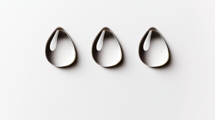 close up of three water droplets on a white background with space for text.