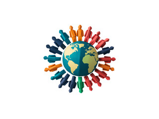 A colorful representation of diverse figures surrounding a globe, symbolizing unity and global connection.