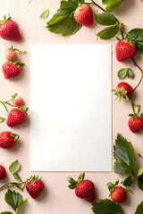 top view of white blank card surrounded by fresh strawberries