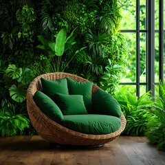 Obraz premium Green Velvet Chair in Lush Green Room