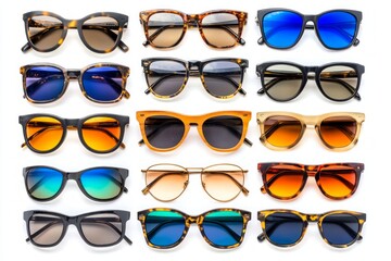 1864. Multi-tiered view on a collection of sunglasses, studio lighting, isolated on a white background --ar 3:2 --v 6.1 Job ID: bfd8f93b-9d4a-4367-a9ea-2981b9d7fa38