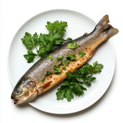 Roasted Trout with Parsley Garnish on White Plate, Generative AI.