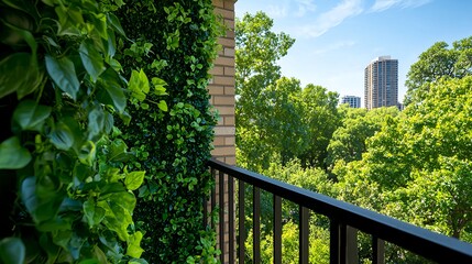 Fototapeta premium Green Wall Balcony View of City Buildings and Lush Trees