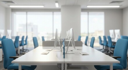Clean and minimalist office space with white desks and blue chairs, brightly lit and devoid of personal items