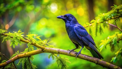 Fototapeta premium Tilt-Shift Photography of a Single Crow Perched on a Tree Branch in a Natural Setting, Focus on Details, Nature Photography, Wildlife, Serenity, and Unique Perspectives