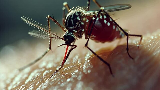 Aedes Mosquito Feeding: Extreme close-up of an Aedes mosquito, its proboscis piercing skin, engorged with blood.  The intricate details of its legs, wings and body are clearly visible.