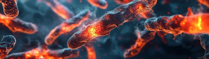 Microscopic action of bacteria laboratory setting scientific visualization dark environment close-up perspective