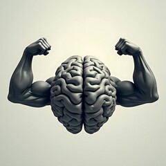 Powerful Mind: A 3D rendering of a strong brain flexing its muscles, symbolizing intellect and mental strength.