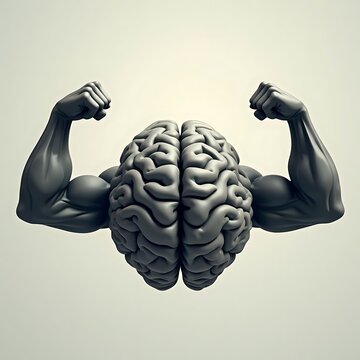 Powerful Mind: A 3D rendering of a strong brain flexing its muscles, symbolizing intellect and mental strength.