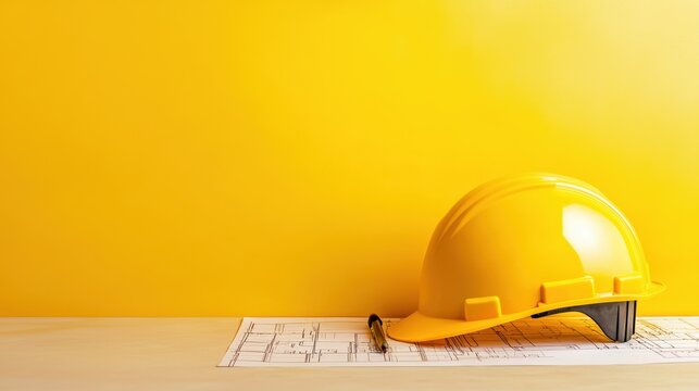 Hardhat on Blueprint Top view of a hardhat placed on architectural drawings with drafting tools, emphasizing the precision of project planning.