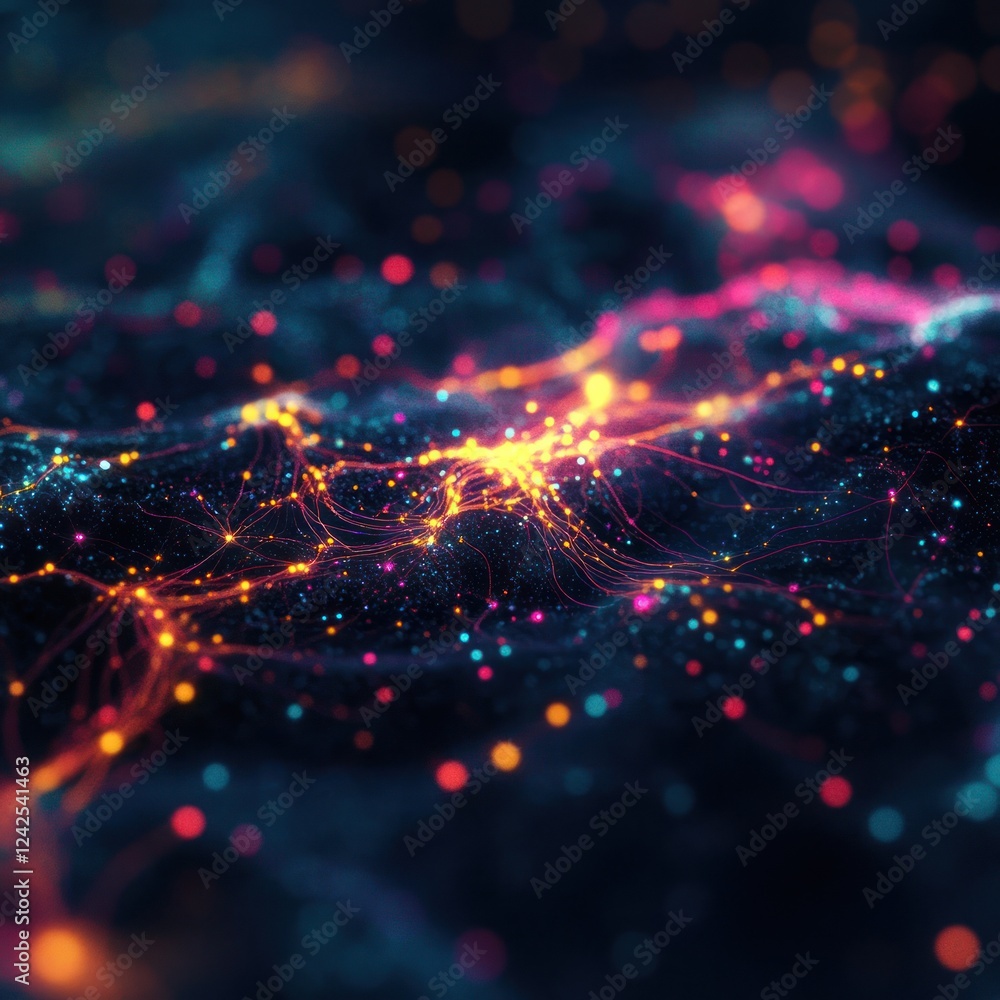 Poster abstract digital network of glowing lines and dots on dark background used for tech or sci-fi concep