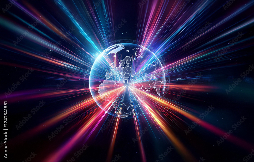 Poster a glowing blue planet with interconnected lines representing connections, set against a dark starry 