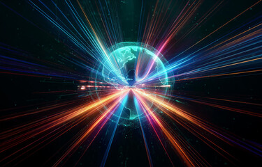 A teal glowing orb depicting the Earth with a wireframe structure surrounded by swirling particles against a black background.