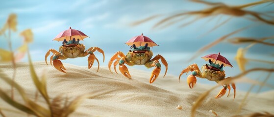 Image of Three crabs wearing tiny umbrellas scuttle across a windswept dune creating a festive beach scene printed on Printed Glass Basin Splashbacks