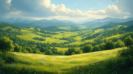 Sunny valley with wildflowers, rolling hills, and distant mountains