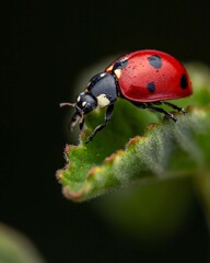 Naklejka premium Close-Up of a Vibrant Red Ladybug on Green Leaf