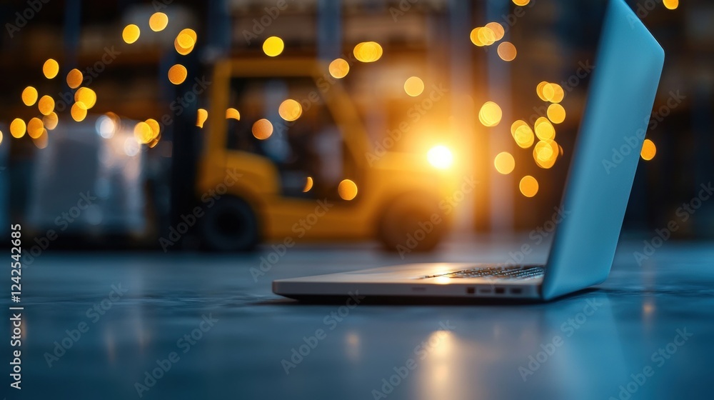 Poster data analytic for warehouse analyzing warehouse data on a laptop with visual reports, while forklift