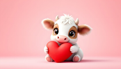 Fototapeta premium Adorable Calf Holding Red Heart Valentine Illustration