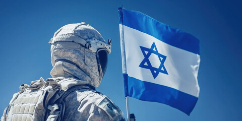 Soldier holding flag against blue sky, symbolizing patriotism and strength