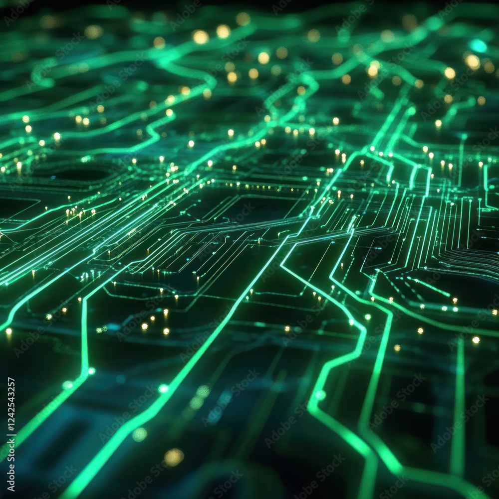 Poster glowing circuit board pattern with light nodes showing connections and technology use