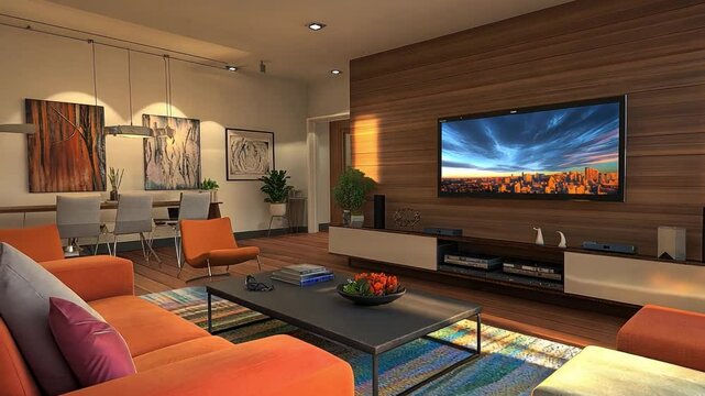 Modern Living Room Interior Design: A stylish and contemporary living room features a large flat-screen TV mounted on a wood-paneled wall, complemented by an orange sofa, coffee table.
