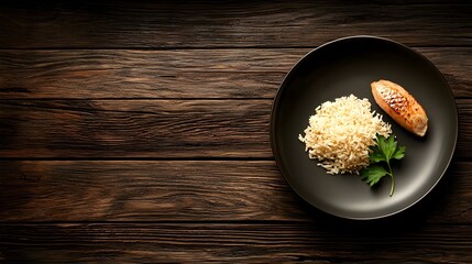 Grilled Chicken with Rice on Dark Wooden Background