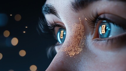 Eye Data Visualization Human eye interacting with streams of binary code and glowing holograms, showcasing digital transformation and machine learning.