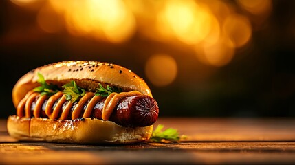 Grilled Hot Dog with Mustard on Wooden Table