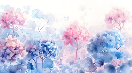 Fototapeta premium An elegant watercolor painting of hydrangeas and delicate blossoms, arranged in a soft gradient of pinks and blues, ideal for luxury stationery or high-end interior design, displayed against 