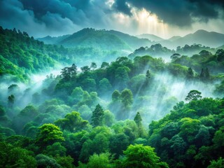 Naklejka premium Misty rainforest shrouds verdant hills, low light painting a green, ethereal scene.