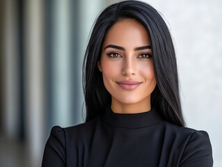 A woman with long black hair wearing a black dress