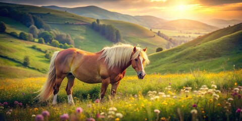 Vintage Style Photography of a Welsh Pony in a Serene Pastoral Setting with Soft Lighting and Warm Tones, Capturing the Beauty and Grace of This Majestic Breed