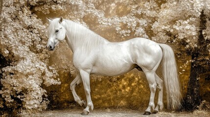 White stallion standing, autumn woods, sepia toned, equestrian art