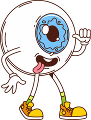 Cartoon groovy eyeball character with a blue iris and a goofy expression sticks out its tongue and makes a fun gesture, wearing retro sneakers. Vector medicine and health personage exuding quirkiness