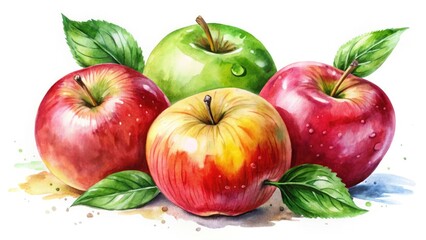 Vibrant Watercolor Apples Artistic Still Life Painting Isolated on White Background