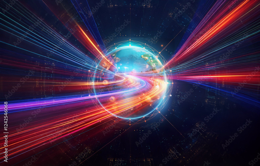 Poster a stylized globe with a circuit board pattern is surrounded by lines and points of light.